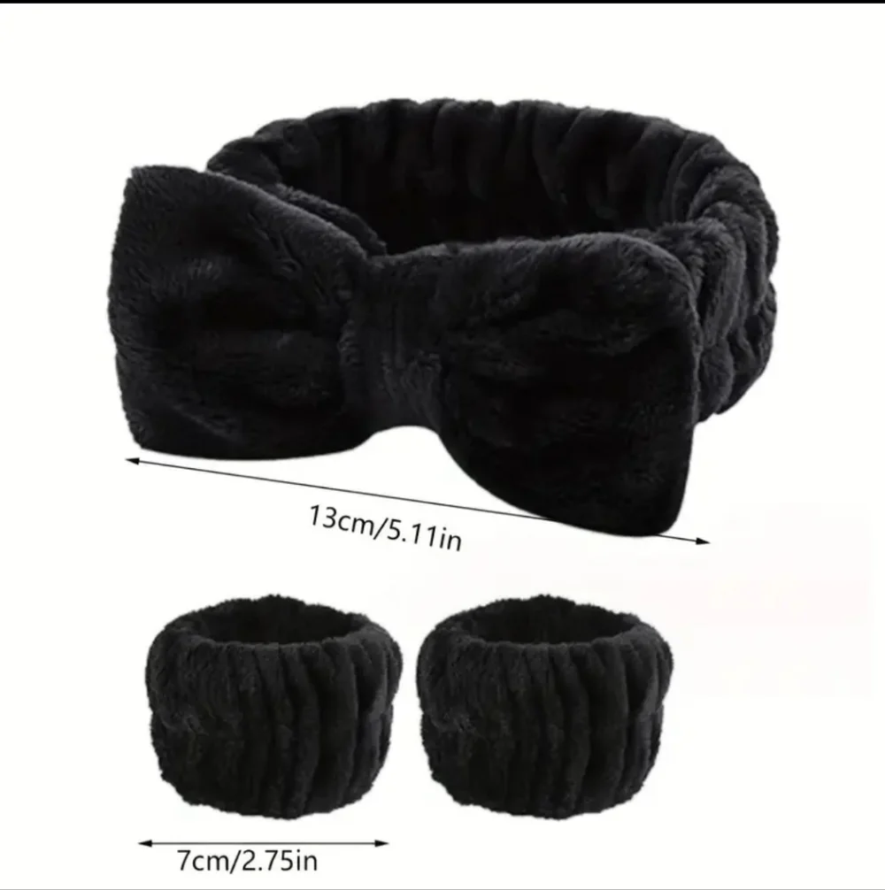 3pc Bow Spa Headband Wristbands Set Fluffy Skincare Face Washing Makeup